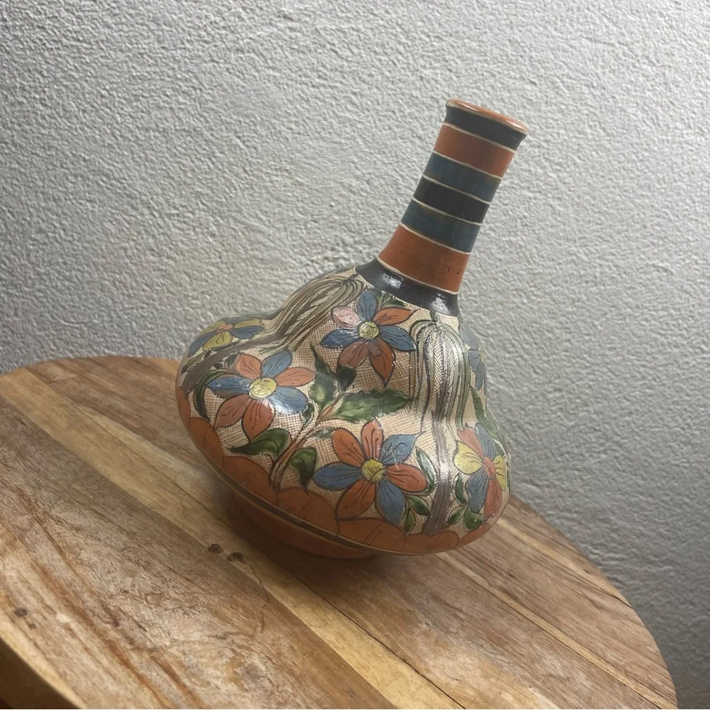 Vintage l 30s Hand-Painted Floral Mexican Folk Art Clay Pottery Jug Vase Decor